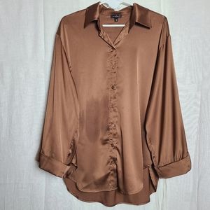 Dynamite Oversized Blouse Shirt Bronze Satin Lightweight Wide Cuffs